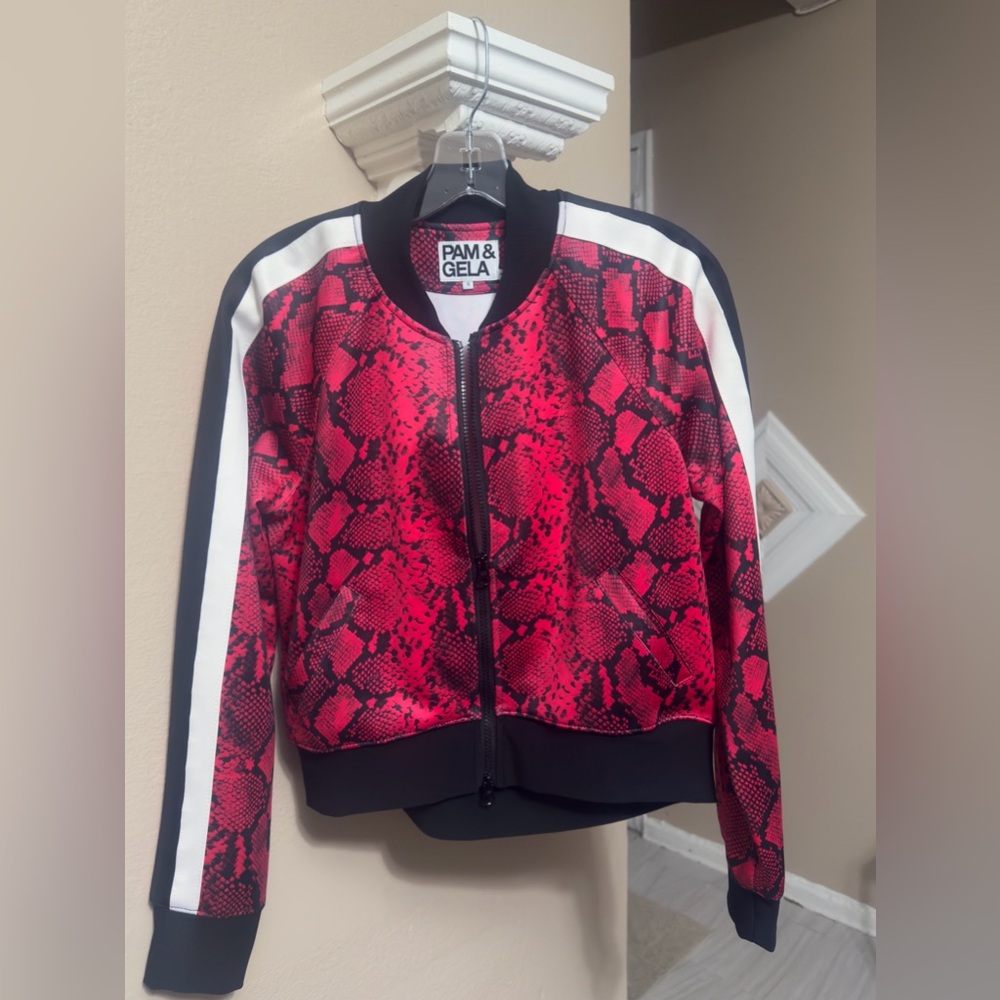 Pam & Gela Red and Black Bomber Jacket with Sporty Stripes